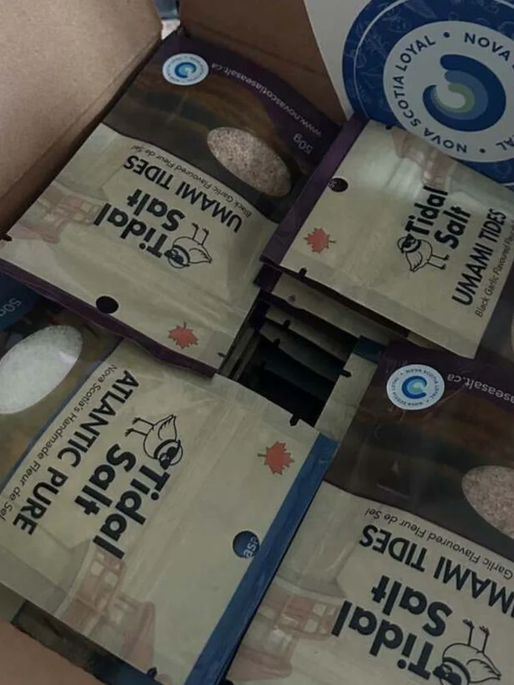 Finished Tidal Salt pouches packed in a shipping box